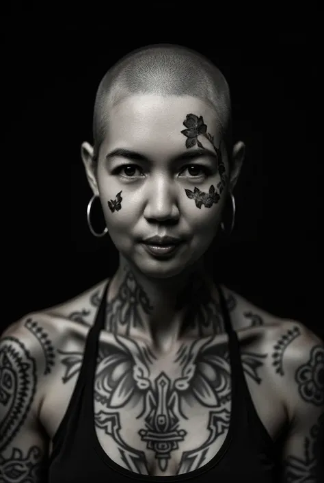 Arafed skinhead Malay woman with a lot off tattoo. No eyebrows. subversive, rebellious, angers. Black space backdrop.