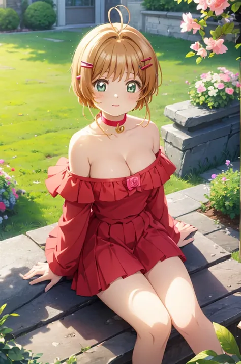 A beautiful girl in red skirt sitting on a stone wall with flowers, anime girl, (20 years old girl: 1.45), (aged up), Kinomoto Sakura, cleavage, garden, white crop top, off the shoulder, tiny microskirt, curvy, big rounds breasts, hair intakes, hairclip, a...