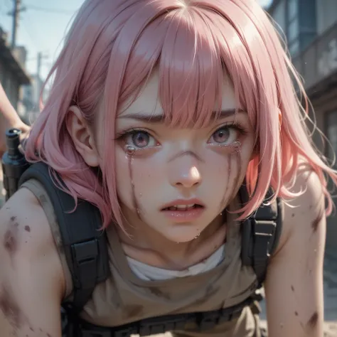 Japanese girl. Pink hair with bangs. wearing tactical gear. Dirty body. Many injuries. Bruises on her body. Forced Doggy style. Tears 