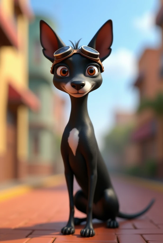  Pixar drawing of a female dog that is thin, color black medium size , It is not a breed ,  standing ears ,  the part of the white chin and a little bit of the neck too. With goggles for riding motorcycles  