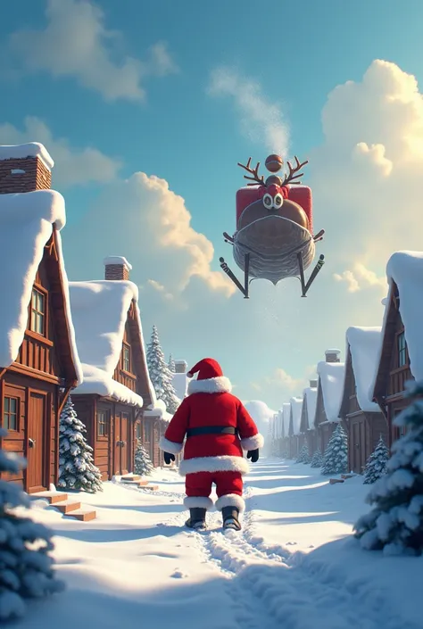 Christmas guy santa land homes ground his flying  vehicle land behind him 