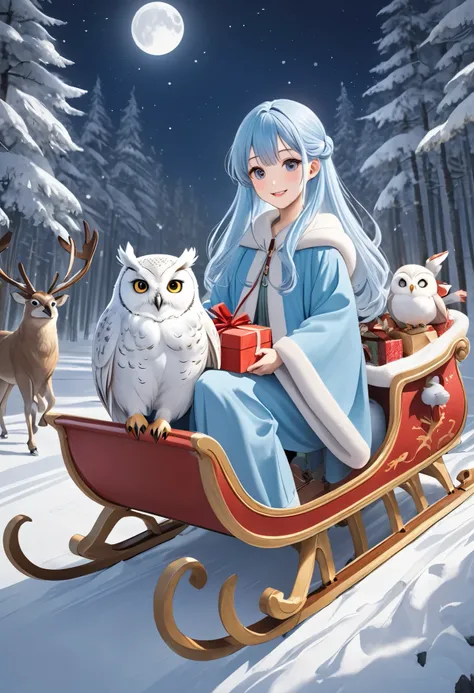   long light blue hair、 beautiful girl with twin tail hairstyle 、 Santa Claus on a reindeer sleigh 、smile、 is handing out presents in a beautiful snowy forest、 moonlight、A big white owl is watching