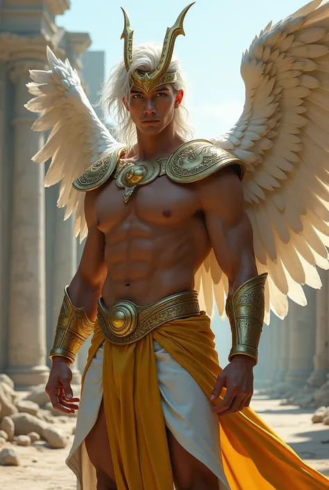 Hyper realistic image of a young Mulawin male. White hair. Shirtless. Muscular. Ripped Abs. Wears gold pegasus headpiece. White shoulder pads armor and huge White pegasus wings. Golden armor cloth. Ancient ruins background. Dynamic. High Resolution, Lookin...