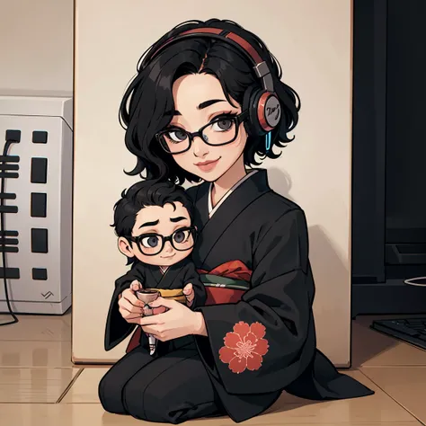 Japanese boy wearing black suit and Japanese girl wearing black Japanese-kimono, one person, black wavy hair, semi-short hair, wearing glasses, Front facing, gaming headset, full body image, icon, smiling, chibi, kawaii