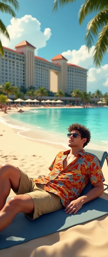 A young man in a Hawaiian costume, lounging on the beach. The background is a huge resort, with a lot of property around.