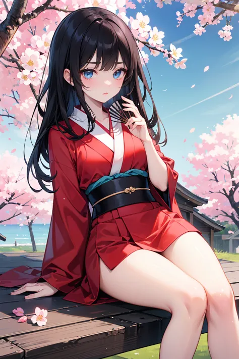  has long, dark hair ， with warm blue eyes  ，Black eyebrows、Clear and bright eyes，The lines of the facial features are soft and graceful，Cold and elegant，Refined spirit，There is no flaw at all。 The skin is white and red ， perfectly balanced thighs， kimono，...