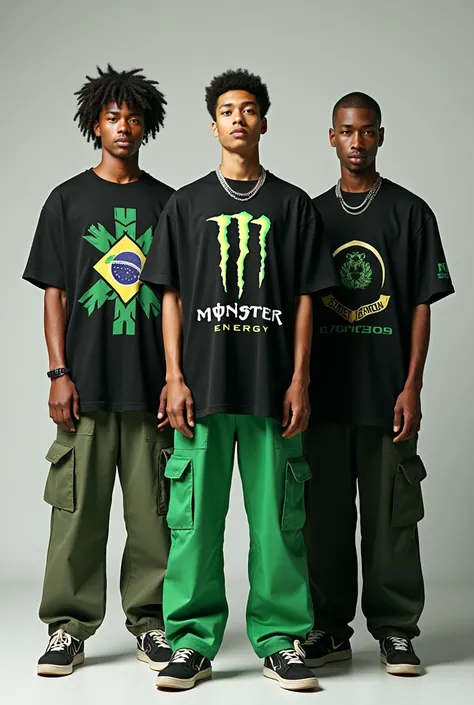 Mens brazilian and Korean models with oversized t-shirts “Monster energy” and “green monster fandom, wide-leg pants

