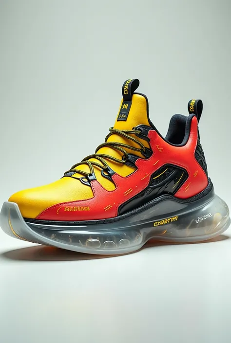 Design of a high boot sports shoe with thick sole transparent platform style cyber Android digital galactic hyperrealistic futuristic latest model mxm 10000 color yellow and red 