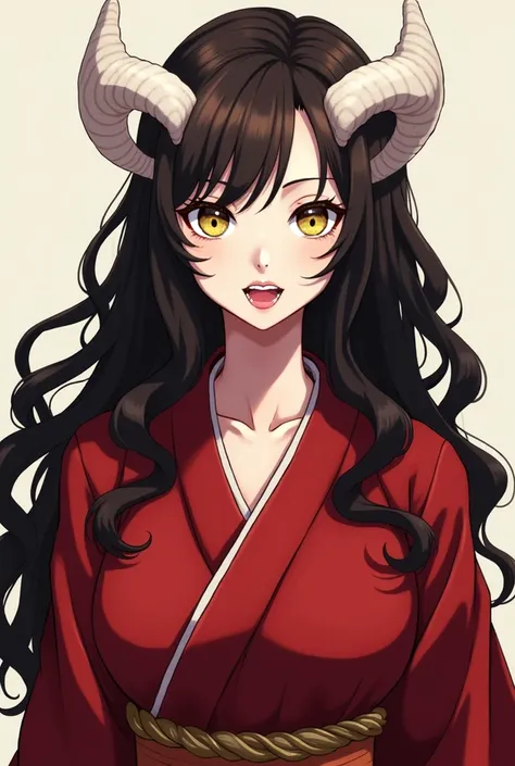 One Piece style screenshot: a white woman with white horns sticking out of her forehead, with dark brown hair long to her wavy waist and a Japanese fringe on her right side, big round yellow eyes, long fangs, well-shaped hourglass body wearing an elegant r...