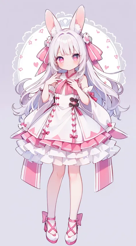 1 girl in、((Full body standing picture))、high-level image quality、top-quality、Masterpiece、White hair、Longhaire、Pink eyes、Rabbit ears、One piece with frills、Fluffy sleeves、Sleeves that connect to the shoulders、a smile、Pose with hands spread down、Lori、cute li...