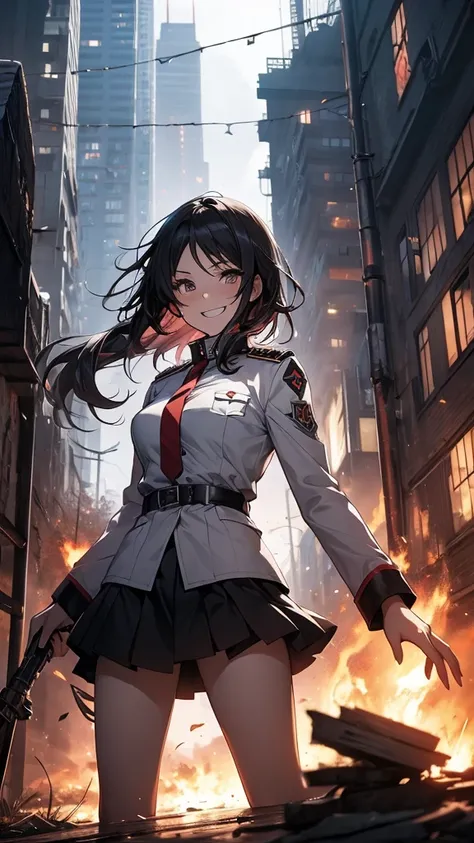 masterpiece, top quality,  abandoned city and fire in the background ,   anime girl, White Nazi SS soldier, 4K Manga Wallpaper,  bleach, Exterminator,  Chartier Bloodfall , Bad Ass Anime 8k , gapmoe  yandere,  yandere, Albedo from Overlord,  Eerie Smile , ...