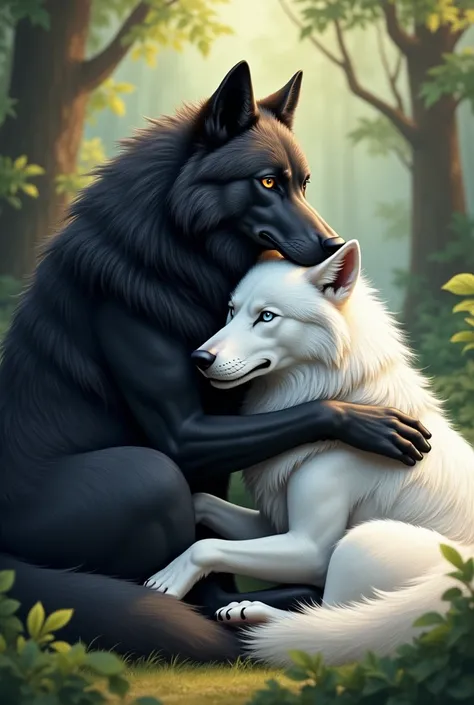 Realistic, adult black wolf, adult all white wolf, cuddling with each other