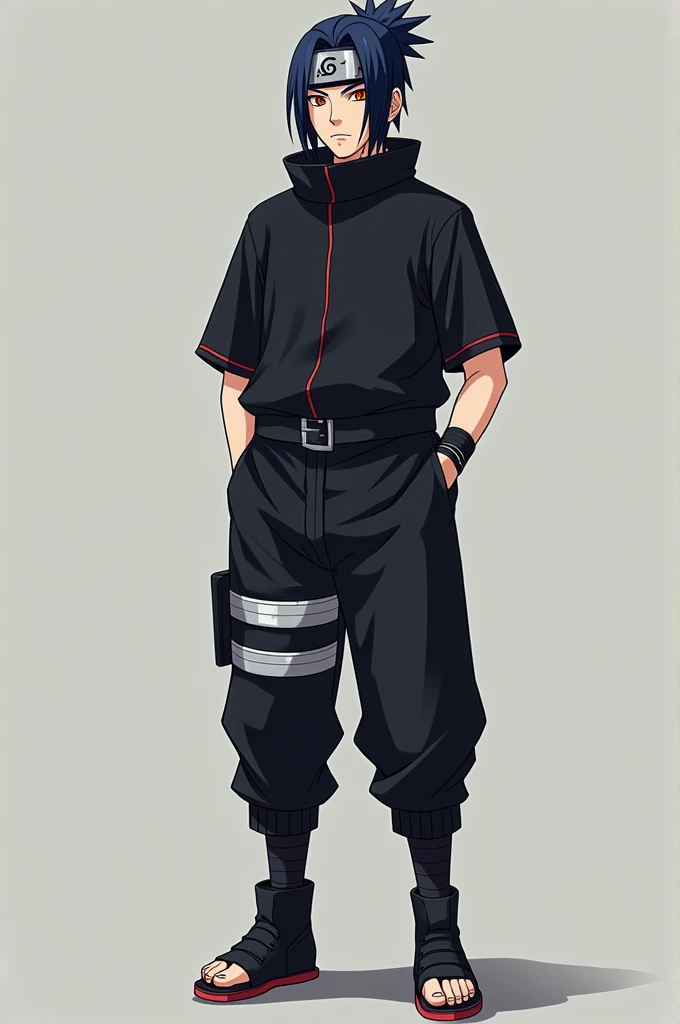  make a fictional male character inspired by the ANIME NARUTO, Does he have dark blue hair, A konoha headband, Orange eye without pupil,  black clothes ,  black pants , black tennis, Do it standing