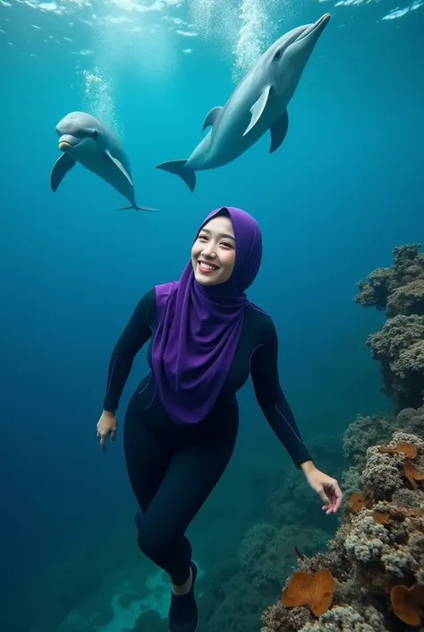  A beautiful Indonesian woman,  hijab,  wearing a purple black wetsuit ,  is diving at the bottom of the sea face smile,  he is with dolphins ,  there is a beautiful coral reef , there is seaweed, High Resolution, Super Detailed, UHD, 