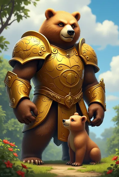 Create a bear in gold armor protecting a small bear