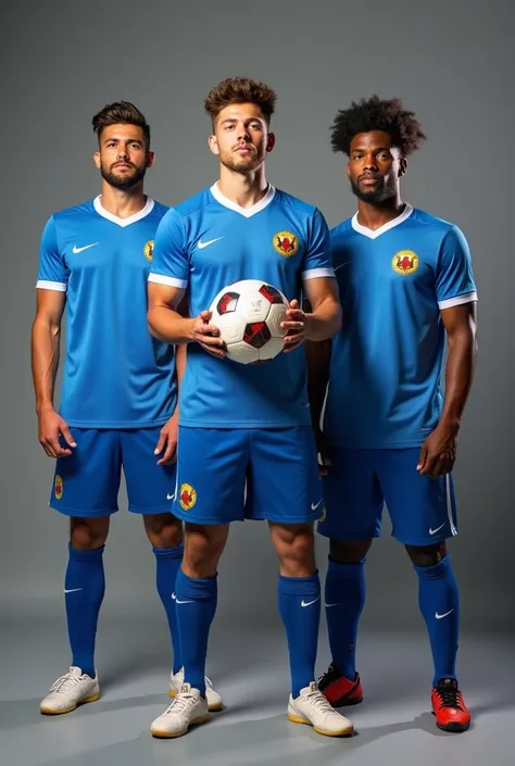 Three Anguillan Guys, Athlete Soccer Player, Photoshoot, at grey studio, holding a ball, background, ultra hd, detailed face, detailed skin, detailed hair, highly detailed, wear blue white anguilla official jersey, Standing Full Body