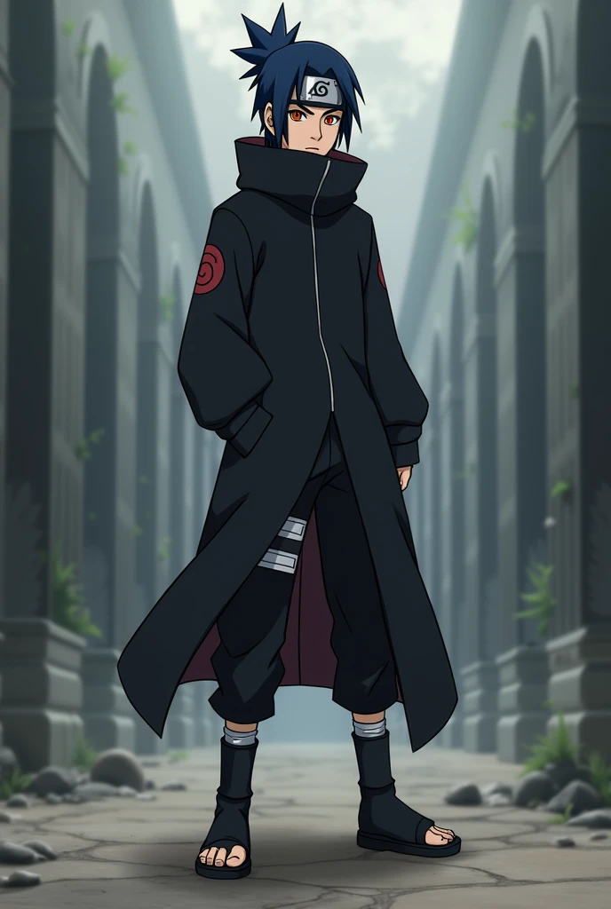  make a fictional male character inspired by the Naruto anime, He is a  and looks like a , Does he have dark blue hair, A konoha headband, Orange eye without pupil,  black clothes ,  black pants , black tennis, Do it standing