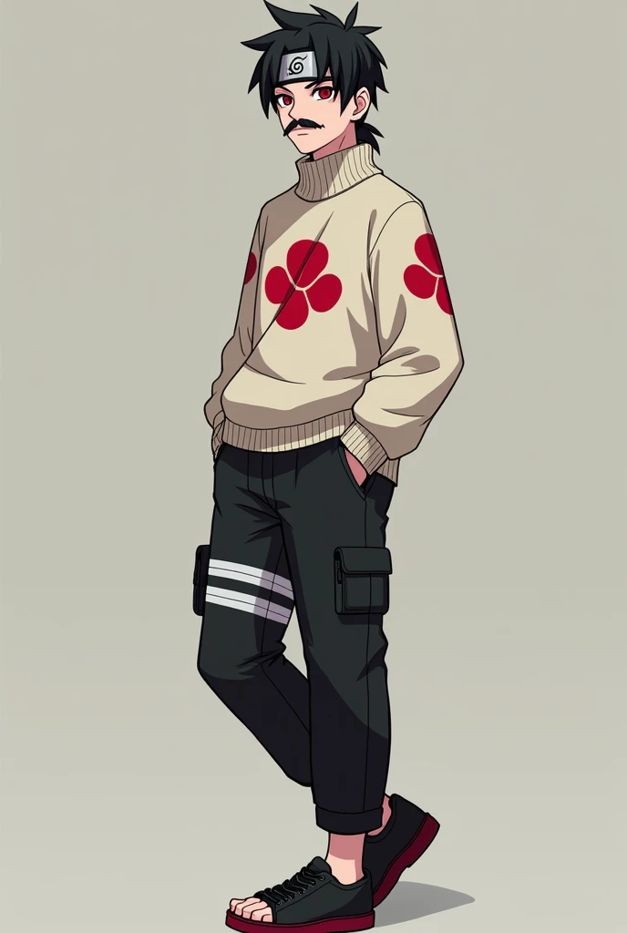  make a fictional male character inspired by the Naruto anime, He is a  , small stature and -like appearance, Does he have a konoha headband , has red eyes,  TikToker-style black hair, Wear a light sweater with red details,  he is a heartthrob and very han...