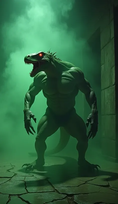 hyper-realistic cinematic image of a lizard monster mutating into a half-human, half-reptilian creature in a dark room with a cracked floor, filled with smoke. After licking the glowing green liquid, its muscular body looks strong and scary, with razor-sha...