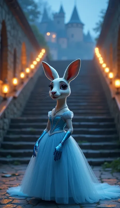  An anthropomorphic kangaroo with the appearance of a princess in a dream scene ,  like something out of a fairytale .  She is standing at the base of a majestic stone staircase ,  surrounded by warm lights and a nighttime atmosphere full of mystery .  Her...