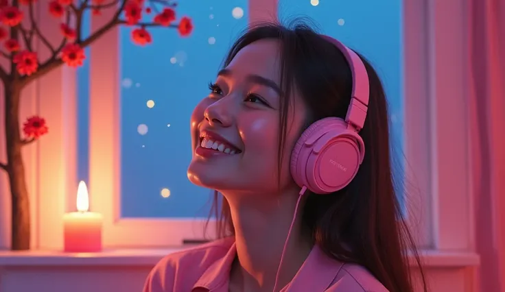 A beautiful girl 18+ age Hot happy face headphone use enjoy song beautiful girl window side Star and side candle and mini tree baby pink colour tree flower red.| 