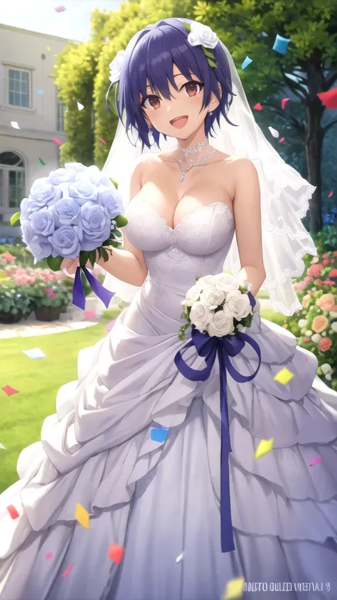 masterpiece, best quality, high quality, girl, solo, looking at viewer, itsuka_shidou, large breasts, wedding Dress, standing, garden, confetti, holding bouquet, smile, open mouth,