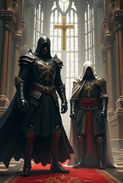 Generate a picture of 2 Man inside a cathedral of a Black Templar, make the first man as The Grandmaster Templar of the Order of Faith wearing a Steel Plate Armor, make it a Medium Armor, color it black and white with a bit of red and gold highlight, give ...