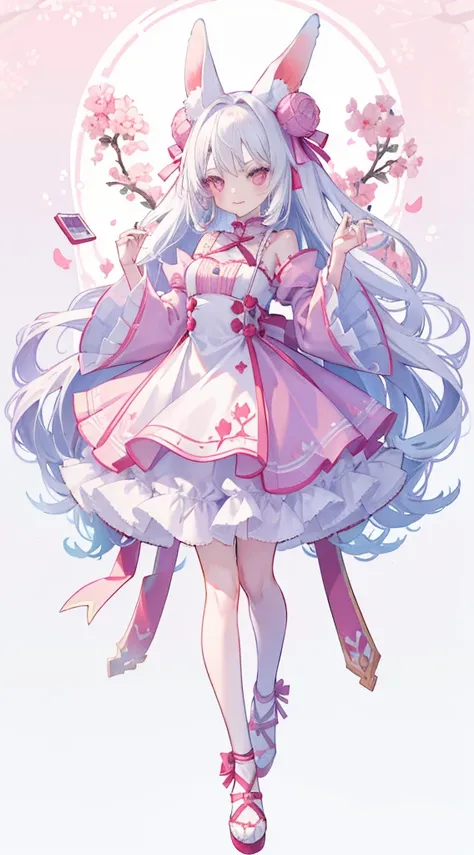 1 girl in、((Full body standing picture))、high-level image quality、top-quality、masutepiece、White hair、Longhaire、Pink eyes、Rabbit ears、One piece with frills、Fluffy sleeves、Sleeves that connect to the shoulders、A smile、Pose with outstretched hands、Lori、cute l...