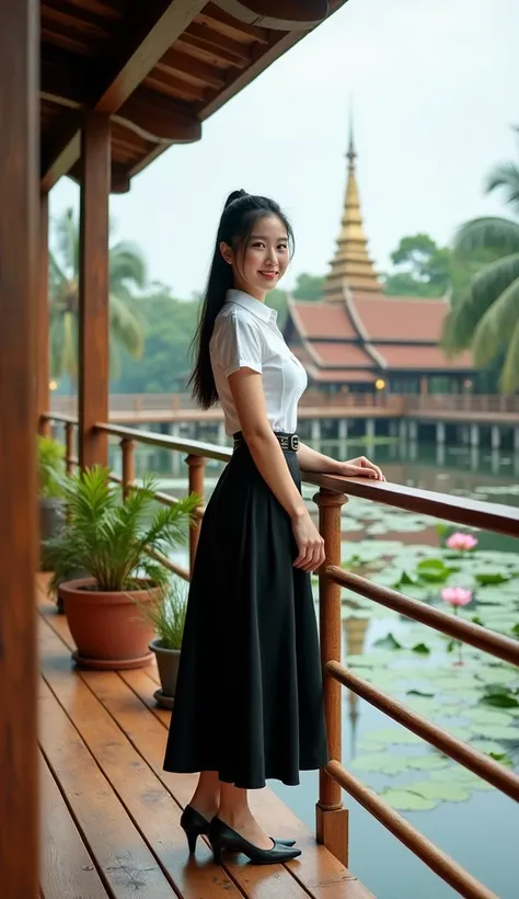 Realistic, Super 20K ,Full HD, fullportrait view of single 21 K-POP woman ,her long black hair tied back into a ponytail , fair skin, she dressed in a white short-sleeved collared button-down shirt , blackbelt ,black long A-Shape skirt and black high heels...