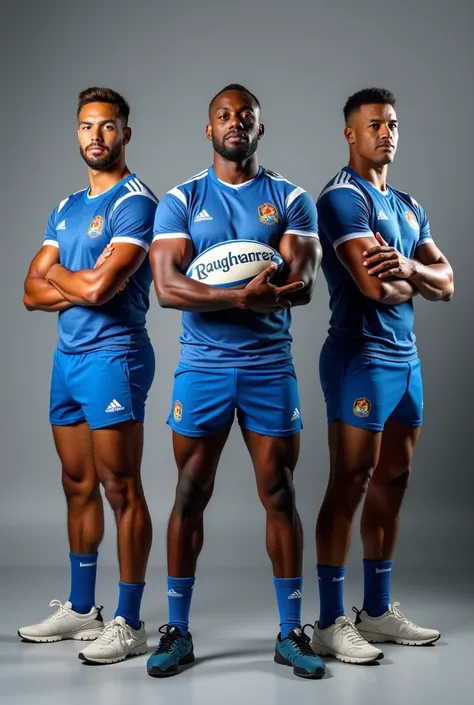 Three Anguillan Guys, Athlete Rugby Player, Photoshoot, at grey studio, holding a ball, background, ultra hd, detailed face, detailed skin, detailed hair, highly detailed, wear blue white anguilla official jersey, Standing Full Body