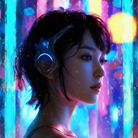 An oil painting-style portrait of a mysterious East Asian woman in a futuristic 2050 neon noir setting. She is centered in a passport photo-style composition, facing forward with a calm yet enigmatic expression. Her almond-shaped eyes are slightly narrowed...