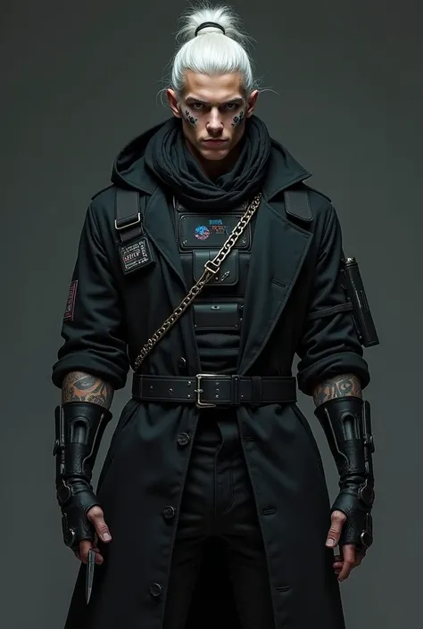  Cyberpunk RPG character . Tall man. Young.  Neon tattoos Futuristic monóculos on one eye. ballistic vest.  Futuristic black overcoat . Without legs, with militar próteses .  Both arms with futuristic prostheses .  white hair, tied in a bun .  Military kni...