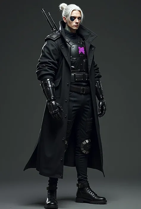  Cyberpunk RPG character . Tall man. Young.  Neon tattoos Futuristic monóculos on one eye. ballistic vest.  Futuristic black overcoat .  Legs with robotic prostheses .  Both arms with futuristic prostheses .  white hair, tied in a bun .  Military knives on...