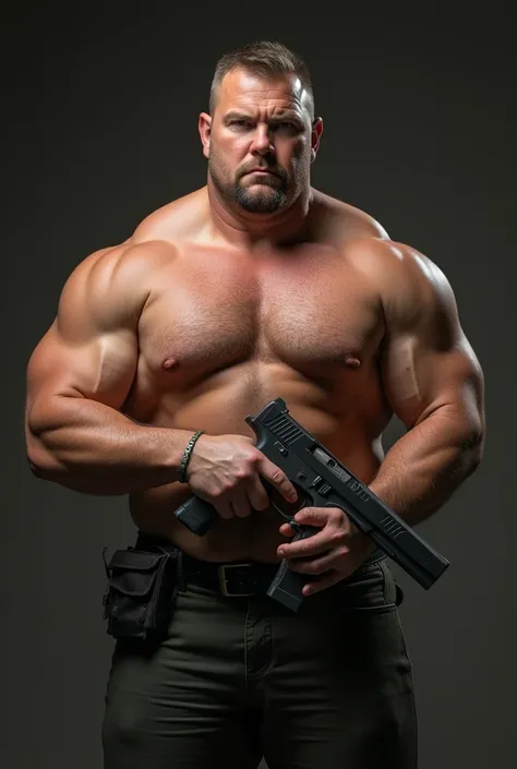 A man, holding a (((gun))), ((((muscle)))), (((((fat))))), ((((true skin)))), photorealistic 