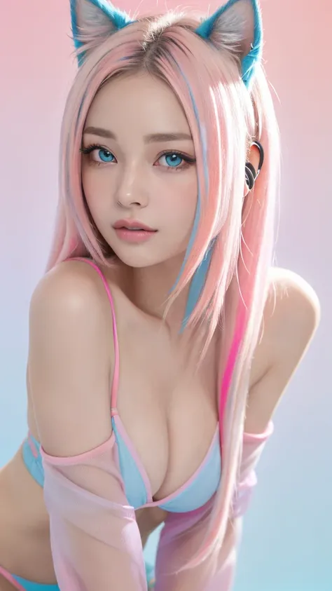 masterpiece, highest quality, 4K, Photorealistic, bokeh, enlightenment,1 perfect portrait of a girl, (A fascinating eye for perfect detail:1.2), colorful hair, (gradient hair), (blue and pink soft long hair:1.6), (Cat ear:1.2), fantasy background, (exposed...