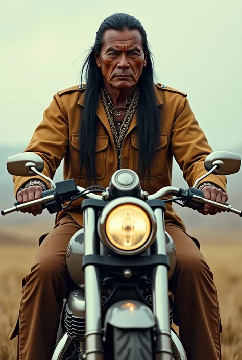 Sitting bull riding a motorcycle