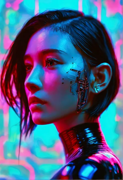 An oil painting-style portrait of a mysterious East Asian woman in a futuristic 2050 neon noir setting. She is centered in a passport photo-style composition, facing forward with a calm yet enigmatic expression. Her almond-shaped eyes are slightly narrowed...