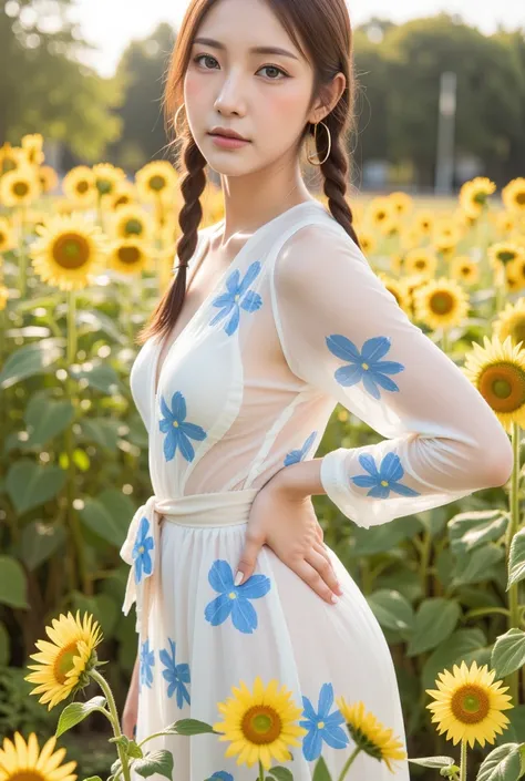 woman wearing a modern A model poses confidently, wearing a stylish wrap dress adorned with a blue and beige floral pattern. The dress features long sleeves and a cinched waist, secured with a beige belt. She has striking makeup and large hoop earrings, wi...