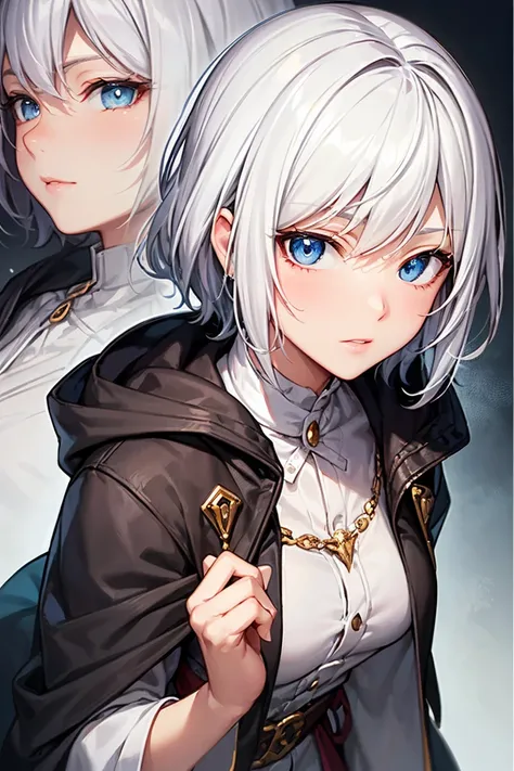 Beautiful mature anime woman, short white hair, blue eyes, detailed face, pretty eyes, cloak, 1girl