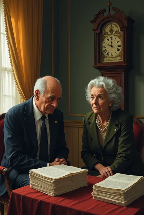 Realistic news illustration: An elderly couple sitting in an old European-style living room. The man and woman appear calm but secretive, surrounded by stacks of official-looking documents. A vintage clock in the background symbolizes the passage of time.