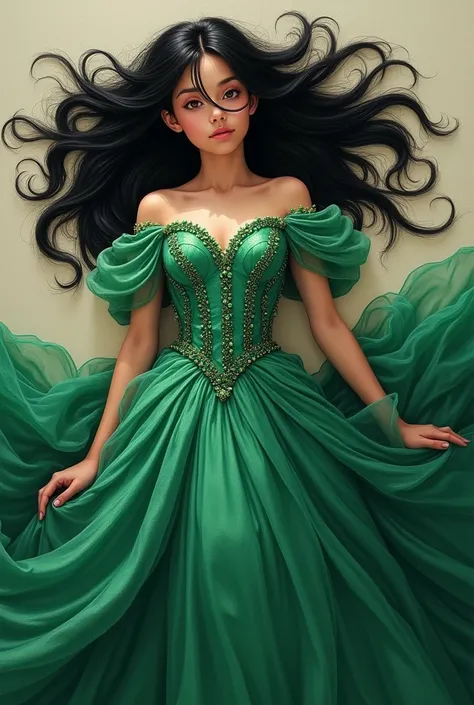 Drawing of a fifteen-year-old girl on her back so you cant see her face in a big green dress with emeralds of a princess with black hair 