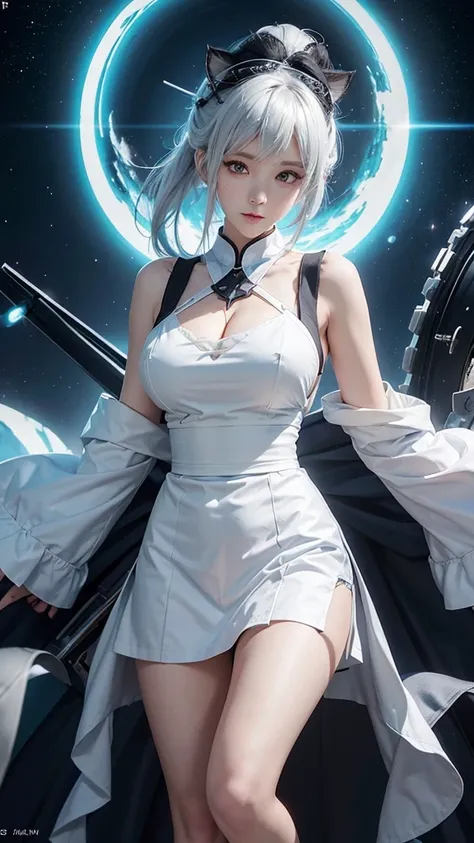  anime character  (big) White apron and black hair, Azure Line Style, Fleet Series Style,  pixib 3DCG ,  ahehe, Kshat Garland,   anime Moe art style ,  from the Azur Lane video game, Biomechanics Boobs, Top rated on Pixiv,  top quality, 8K HD, gap, Half na...