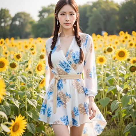 woman wearing a modern A model poses confidently, wearing a stylish wrap dress adorned with a blue and beige floral pattern. The dress features long sleeves and a cinched waist, secured with a beige belt. She has striking makeup and large hoop earrings, wi...