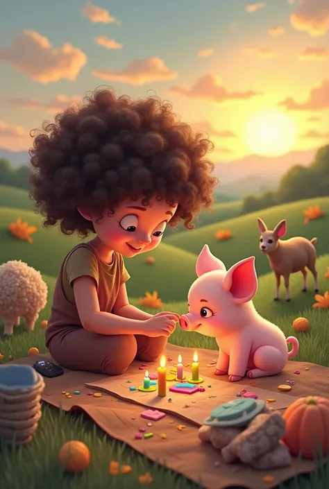 So the curly-haired  picked up another sheet of paper for the piggy bank. She taught the little pig to use candle colors with his little nose. They had a lot of fun until sunset at the Ram Than.