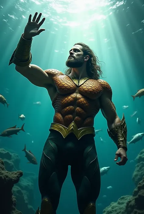 Aquaman waving while looking up in the sea