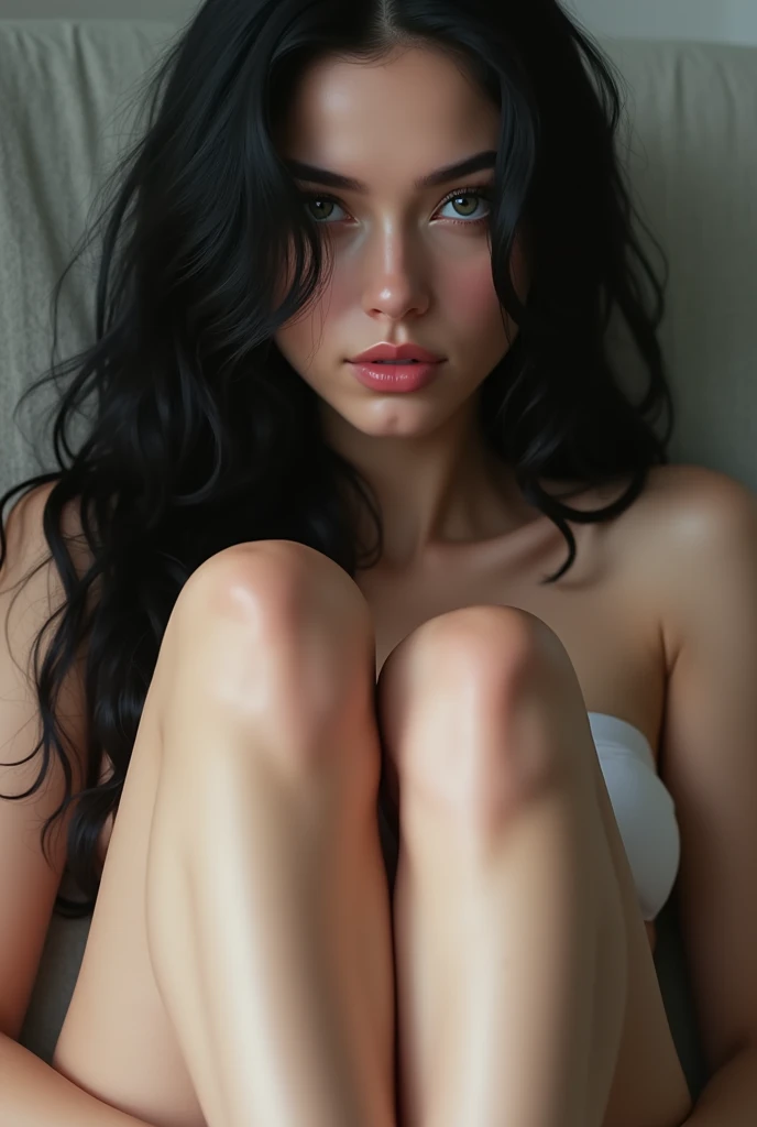 Very beautiful , sexy ,semi new, very black hair ,  white woman with loite skin ,  showing her little feet with pink soles,  Ultra realistic