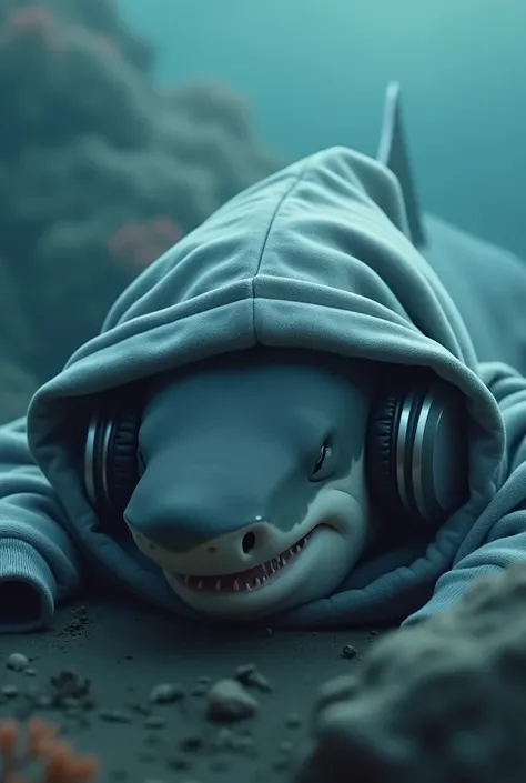 A picture of a shark in a hoodie and headphones sleeping