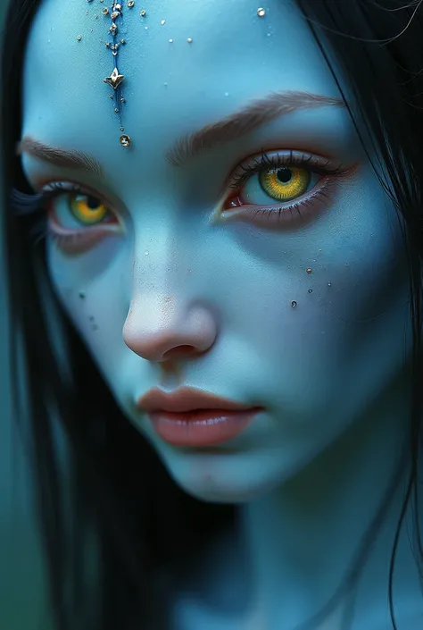 Prompt:

"A close-up of a humanoid female with delicate and exotic features. Her skin is smooth, with a soft blue tone and iridescent highlights reminiscent of the creatures from the movie Avatar. Her nose is a unique blend of human structure with a slight...