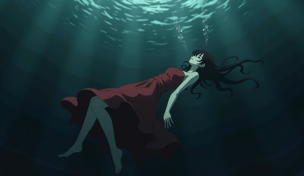 
a woman with hair covering her face , wearing a red dress , unconscious sinks to the bottom of the dark sea ,  anime style 
