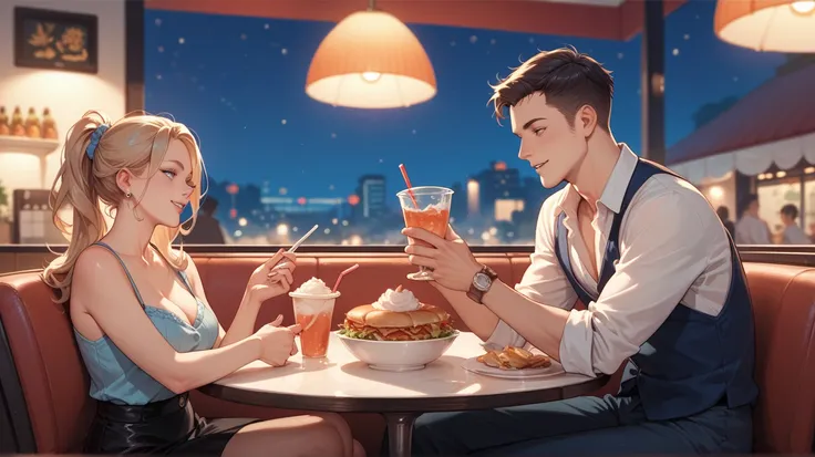 man, woman, having a date, restaurant as background, night time